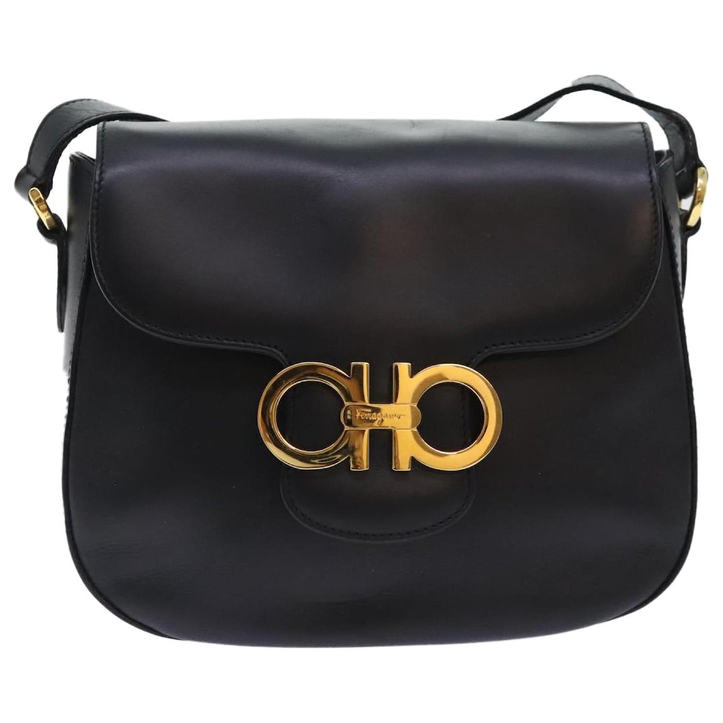 Salvatore Ferragamo Gancini Shoulder Bag Leather Black Gold Auth 91278 Golden
