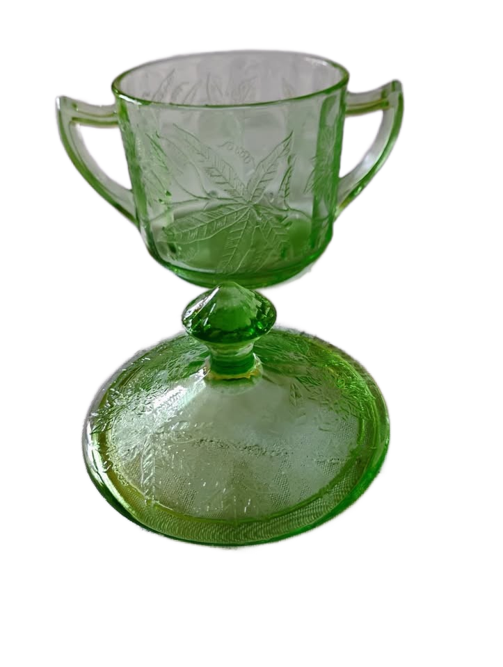 Depression Poinsettia Design Glass Sugar Bowl+Lid