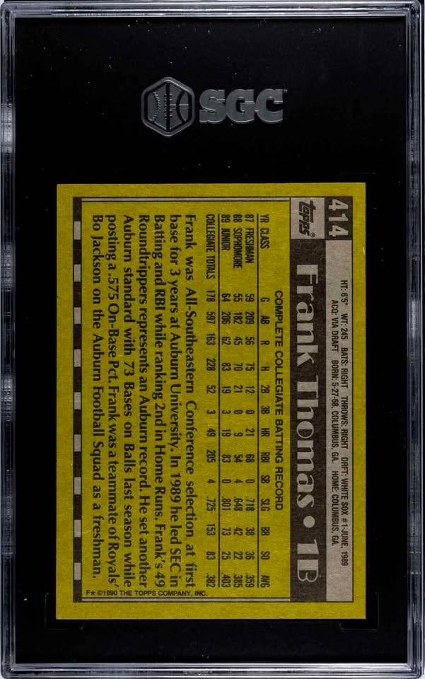 Frank Thomas BIG HURT 1990 Topps Rookie Baseball Card #414 HOF SGC Grade 8.5