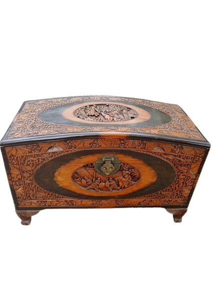 Antique Chinese/Japanese Warriors Camphor wood w/ flower carvings Asian trunk.