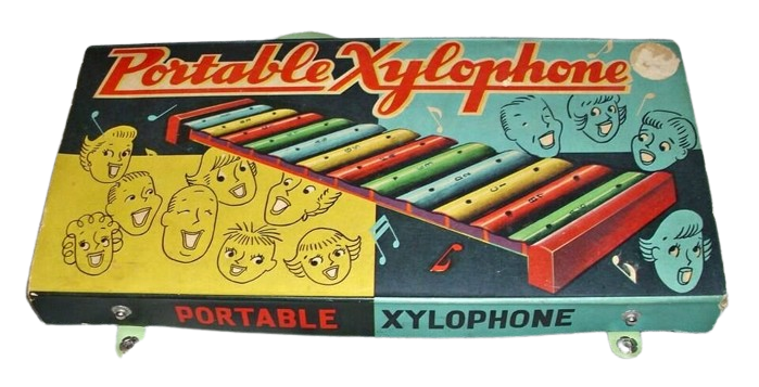 Vintage Japanese Tin Portable Xylophone Late 1940's ? Original Box w/Graphics!