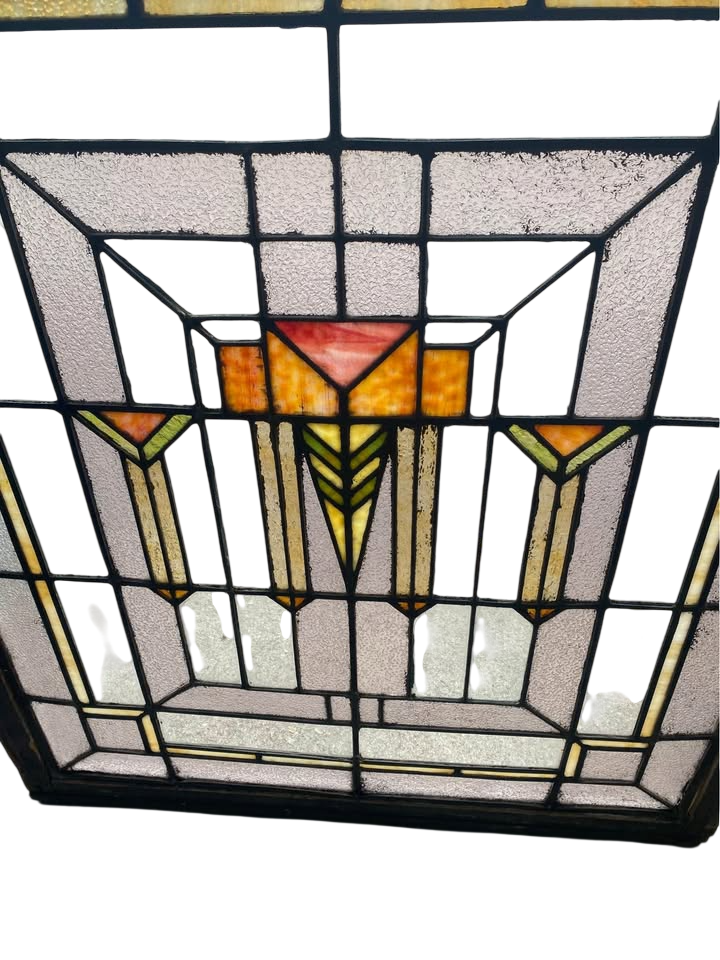 Vintage pair of large arts and crafts stained glass windows