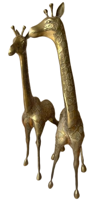 Vintage Set of 2 Large Matching Brass Giraffe Statues MCM 37” & 33.5” Tall