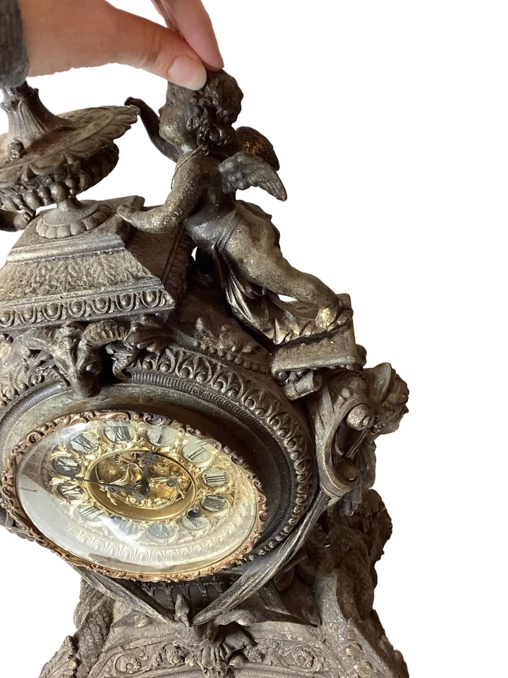 Antique Victorian Ansonia Lydia Patinated Metal Figural Mantel Clock