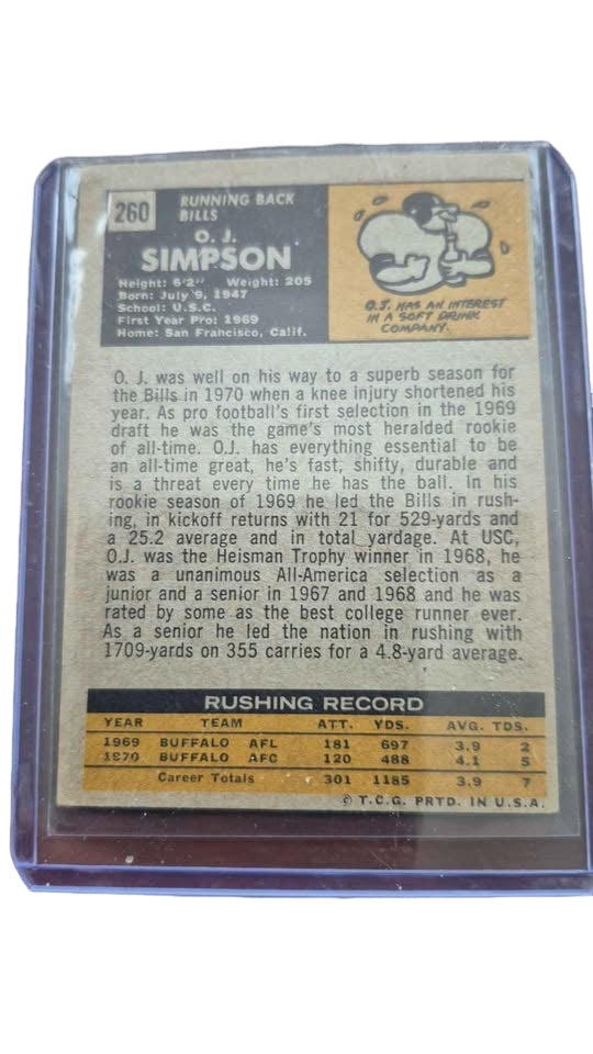 1971 Topps Autograph Signed Football Card OJ Simpson #260 Buffalo Bills