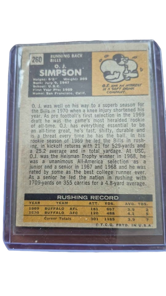1971 Topps Autograph Signed Football Card OJ Simpson #260 Buffalo Bills