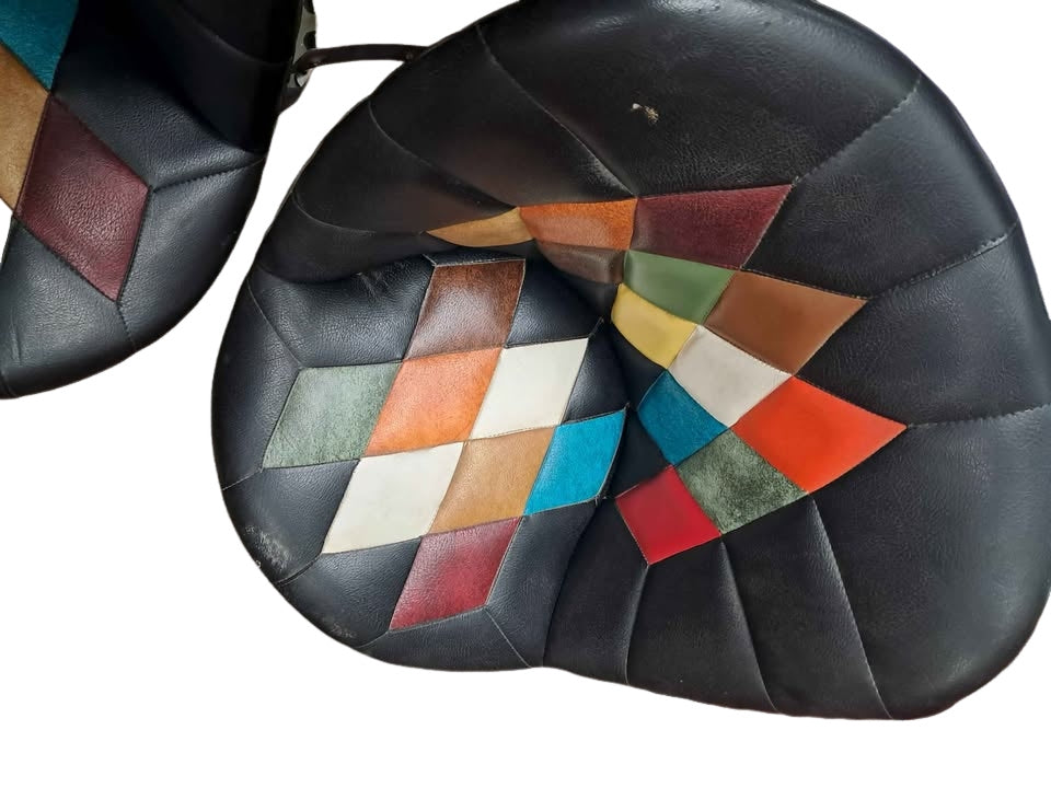 Coolest '70s bar chairs. VIntage Brothers Furniture whiskey barrel chair with a patchwork upholstery