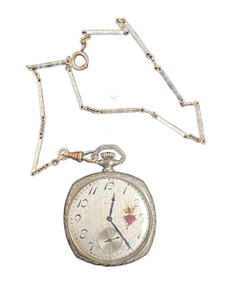 1924 Hand painted Sacred Heart eternal flame and Cross rare Elgin open faced pocket watch