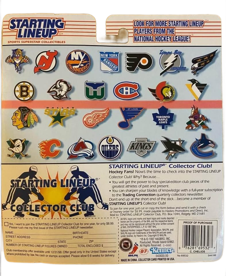 Chris Chelios, 1997 Starting Lineup NHL, Chicago Blackhawks Figure & Trading Card