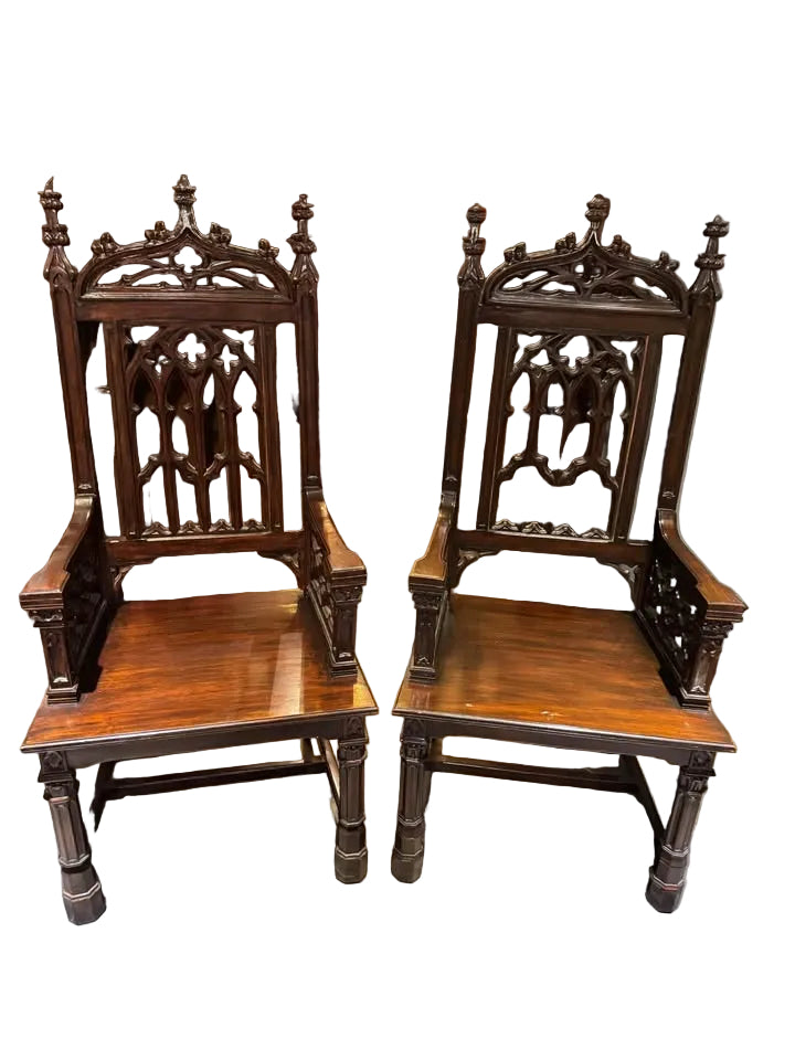 Two Exceptional Burge Gothic Tracery Solid Mahogany Hand Carved Armchairs.
