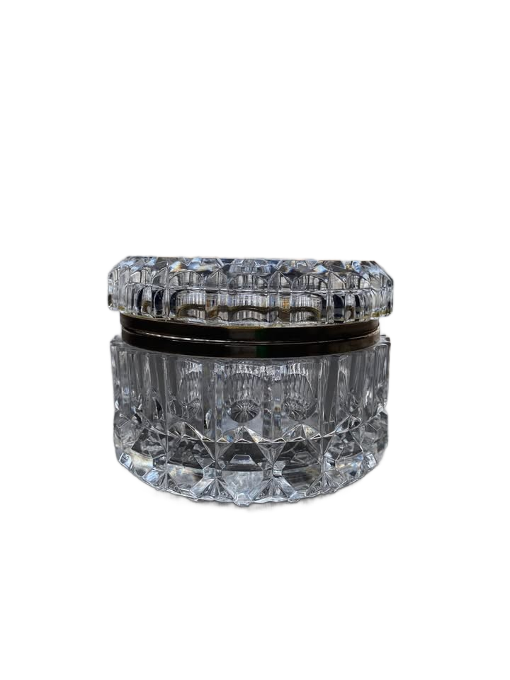 Vintage French Cut Crystal Brass Mount Round Casket Jewelry Box