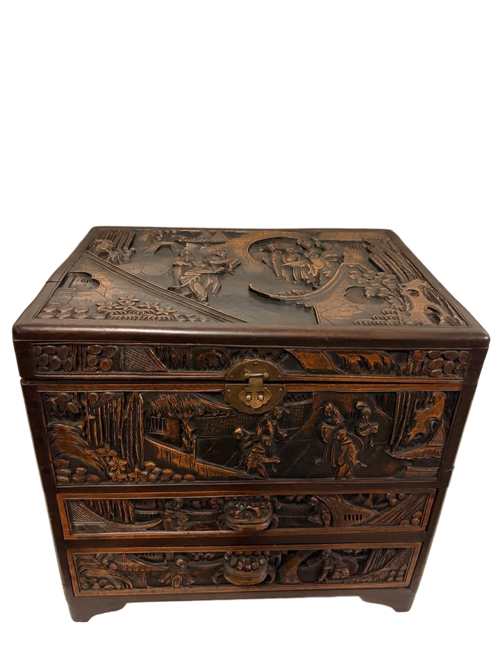 Antique carved camphor silverware chest