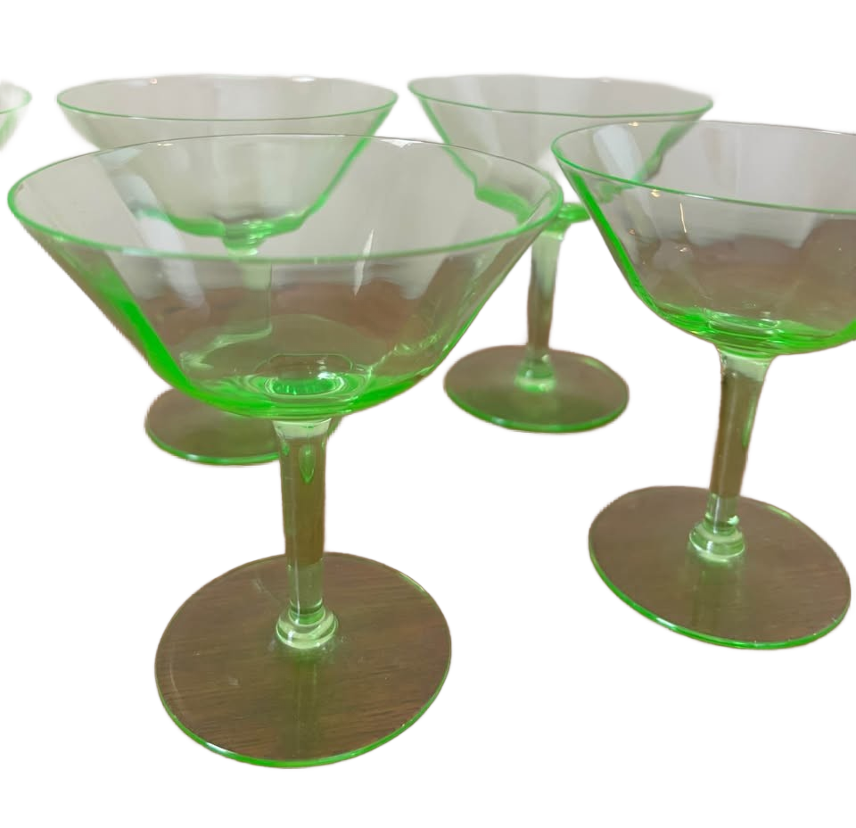 Uranium Glass! Set of 6 vintage stemmed cocktail glasses