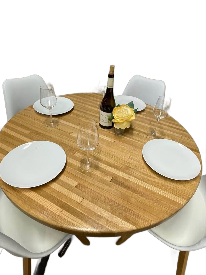 Mid-Century Modern Buther Block Round Pedestal Kitchen Table+4 White Eames-Style Deluxe MCM chairs