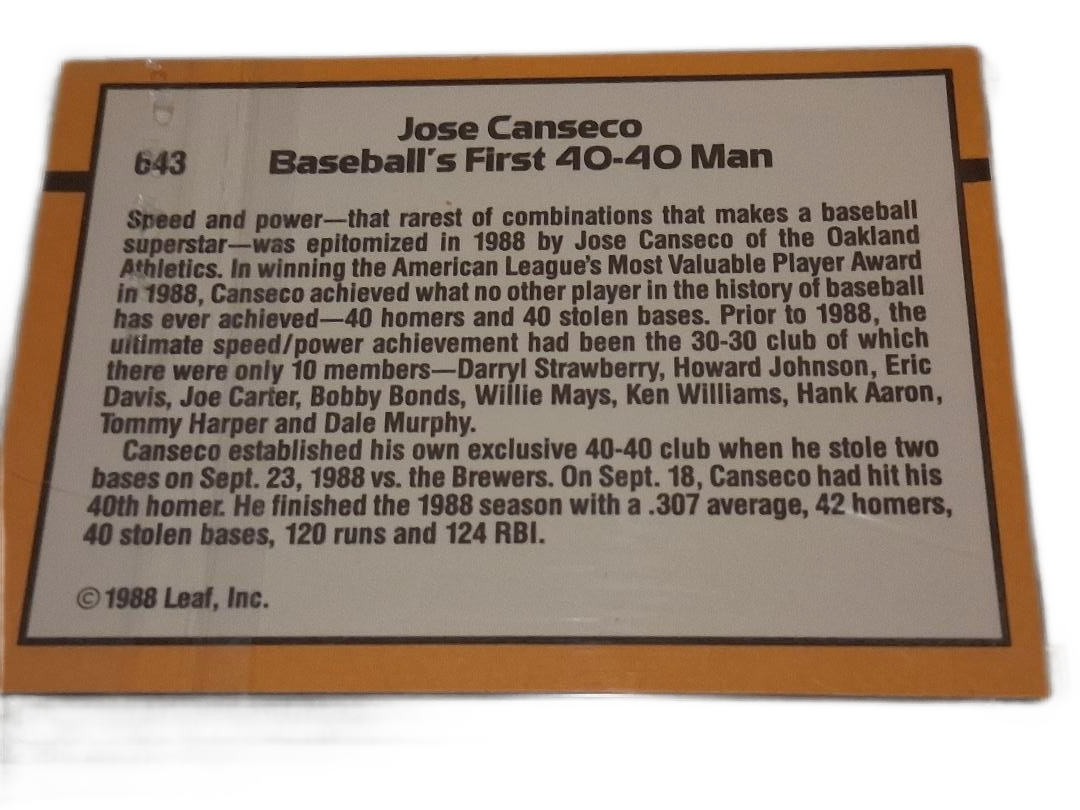1989 Donruss Jose Canseco #643 - 40/40 Club Baseball Card Oakland Athletics A’s