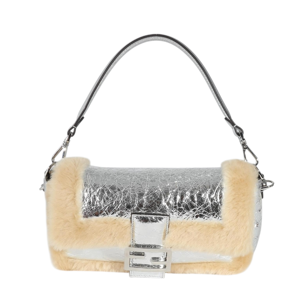 Fendi Craquelé Silver Sheepskin Medium Iconic Baguette Bag