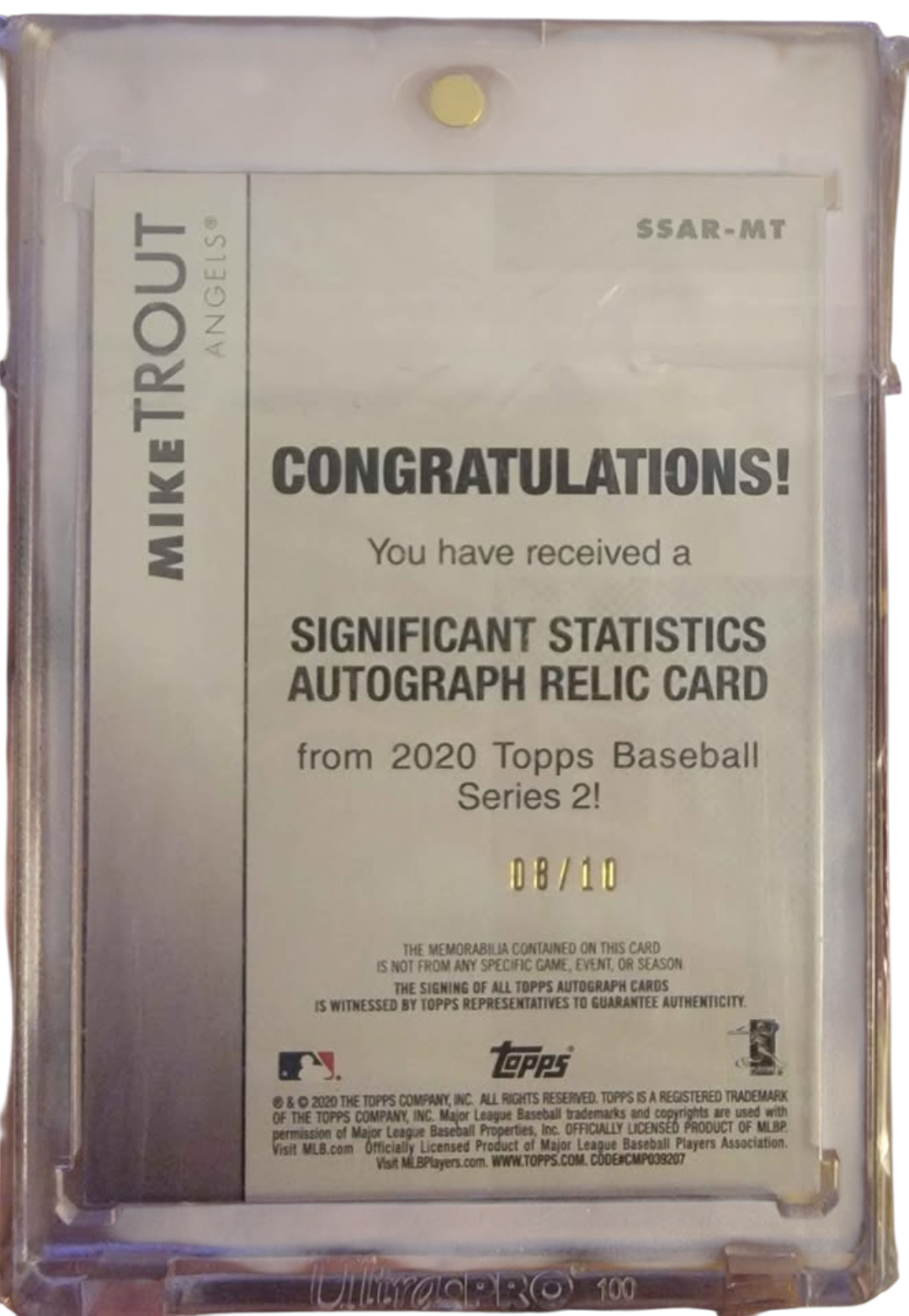 MIKE TROUT 2020 TOPPS SERIES 2 AUTO JERSEY 8/10