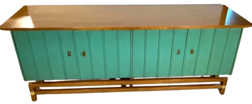 Rare MCM Walnut & Teal Credenza Sideboard c.1950 Hickory Manufacturing Co.