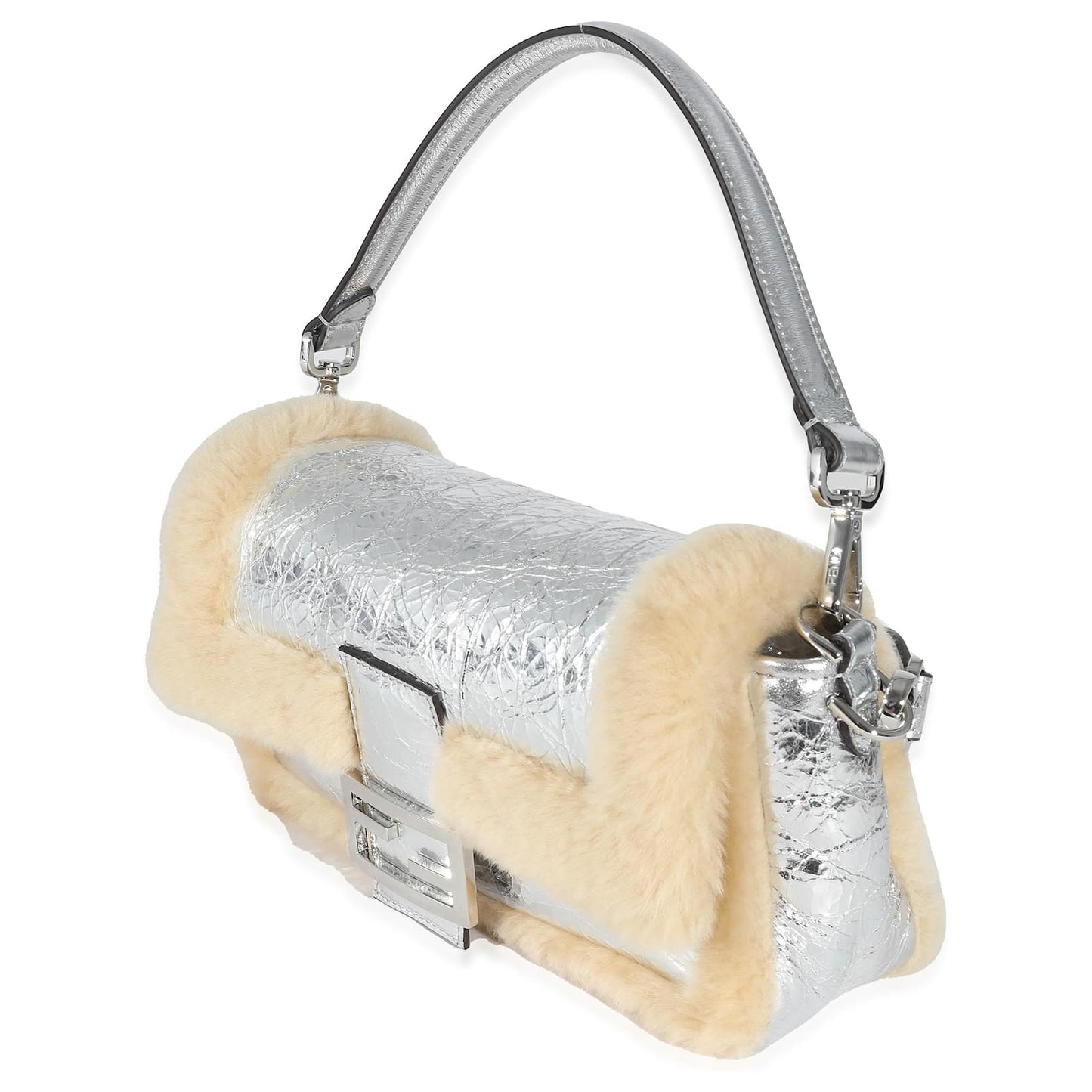 Fendi Craquelé Silver Sheepskin Medium Iconic Baguette Bag