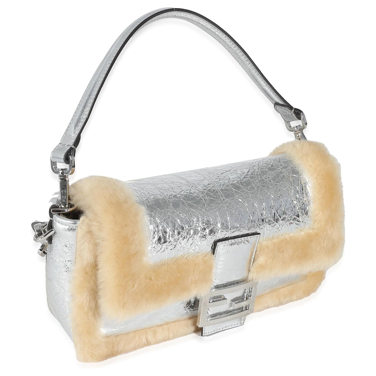 Fendi Craquelé Silver Sheepskin Medium Iconic Baguette Bag