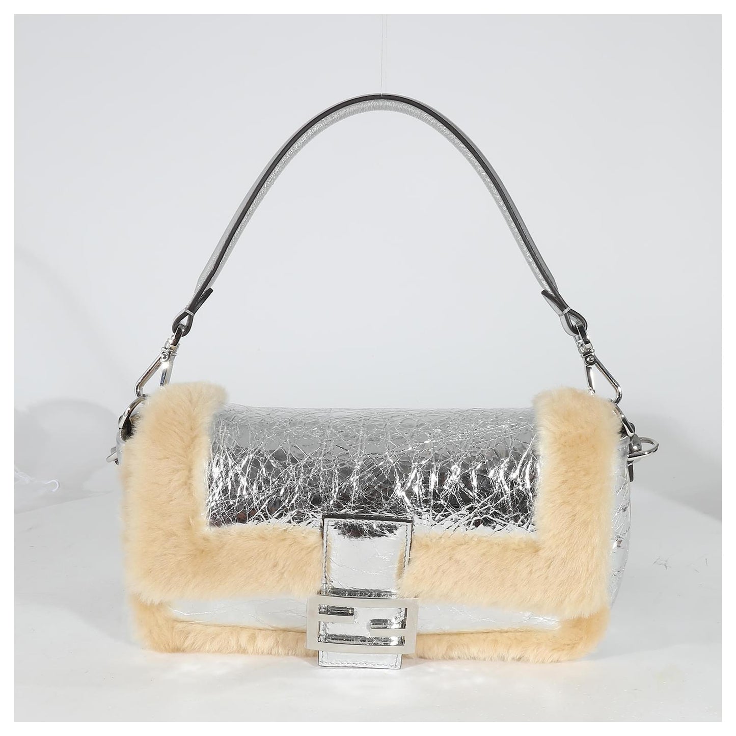 Fendi Craquelé Silver Sheepskin Medium Iconic Baguette Bag