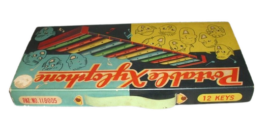 Vintage Japanese Tin Portable Xylophone Late 1940's ? Original Box w/Graphics!