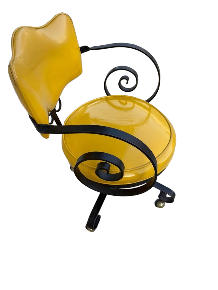 Mid-Century Modern Swivel Chair with Yellow Vinyl Upholstery and Black Metal Frame