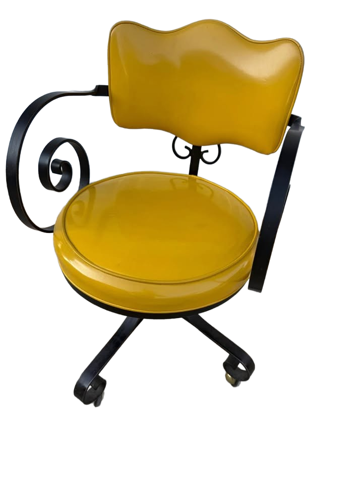 Mid-Century Modern Swivel Chair with Yellow Vinyl Upholstery and Black Metal Frame