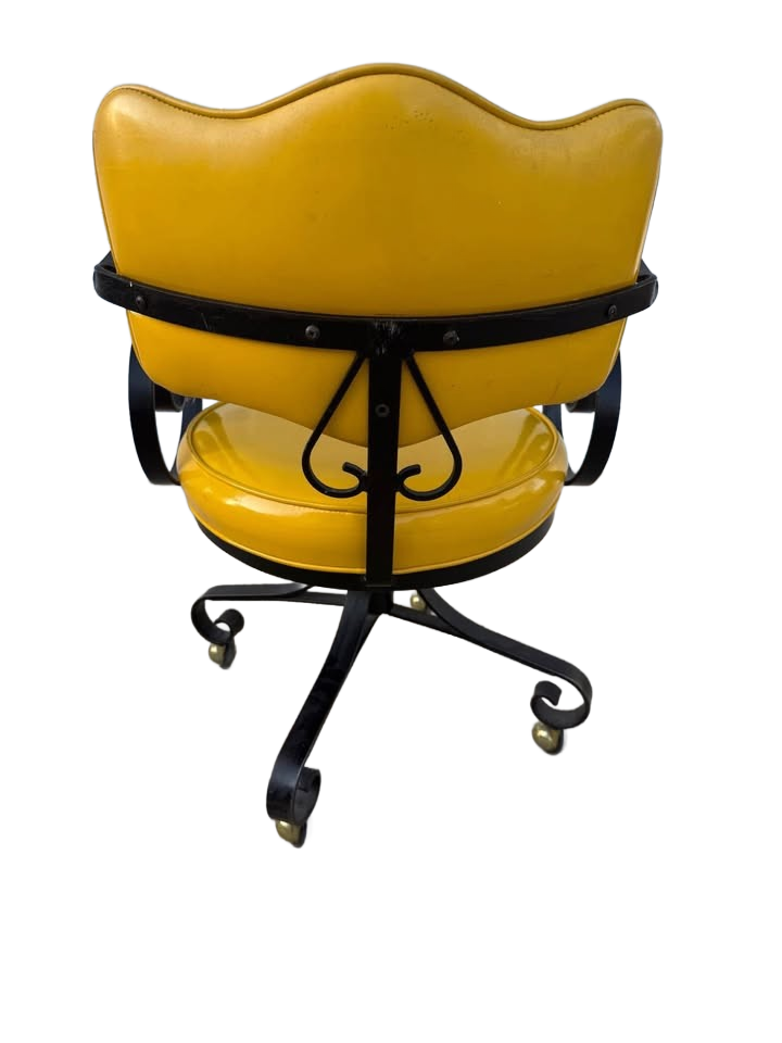 Mid-Century Modern Swivel Chair with Yellow Vinyl Upholstery and Black Metal Frame