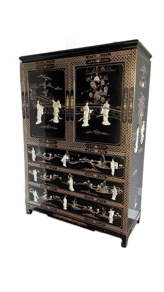Elegant Asian Lacquer Cabinet with Mother-of-Pearl Inlay – Vintage Oriental Style