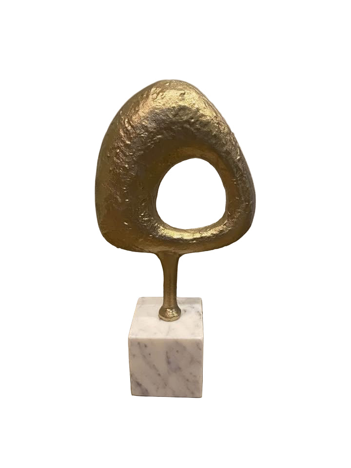 Abstract MCM vibe metal gold toned loop sculpture on block of solid white marble; 13”H x 6.5” W x 1”