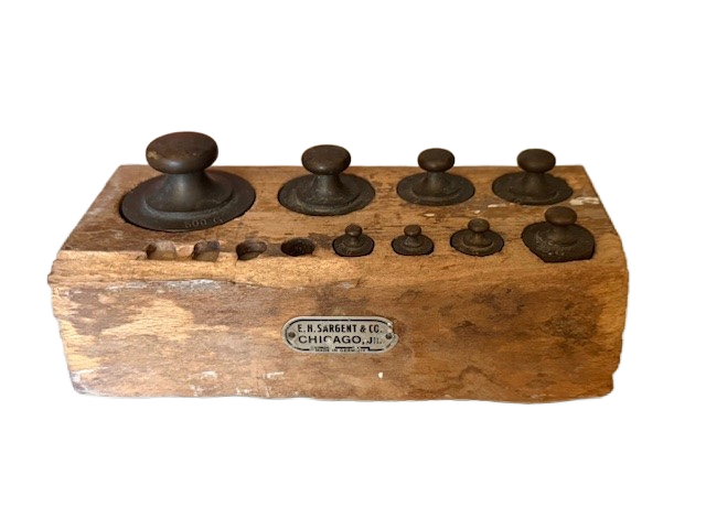 Vintage Brass Scale Weight Set with Solid Wood Holder