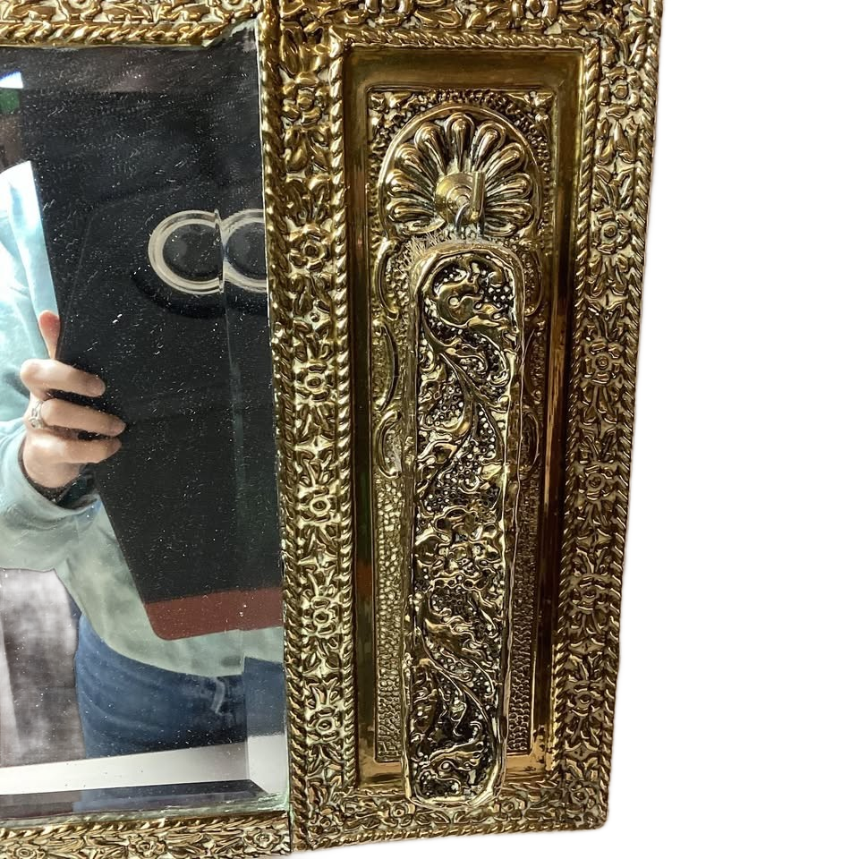 Antique Victorian Brass Relief Brush Hallway Mirror