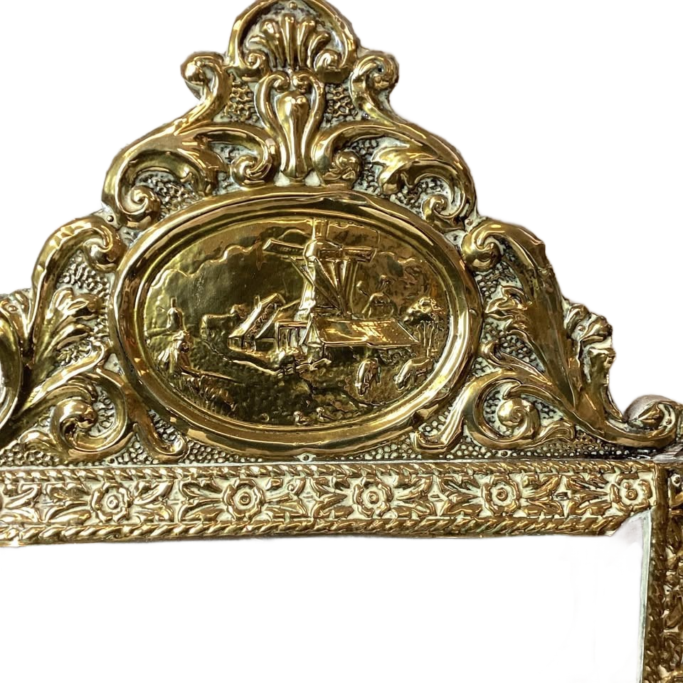 Antique Victorian Brass Relief Brush Hallway Mirror
