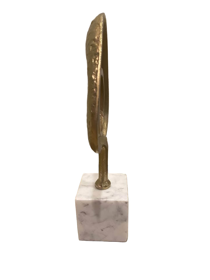 Abstract MCM vibe metal gold toned loop sculpture on block of solid white marble; 13”H x 6.5” W x 1”