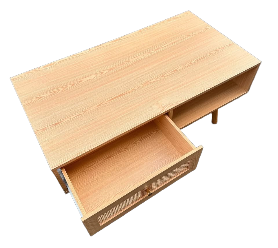 Mid-Century Modern Coffee Table – Rattan Drawer with Gold Detail