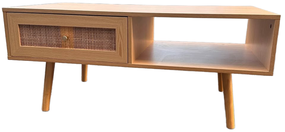 Mid-Century Modern Coffee Table – Rattan Drawer with Gold Detail