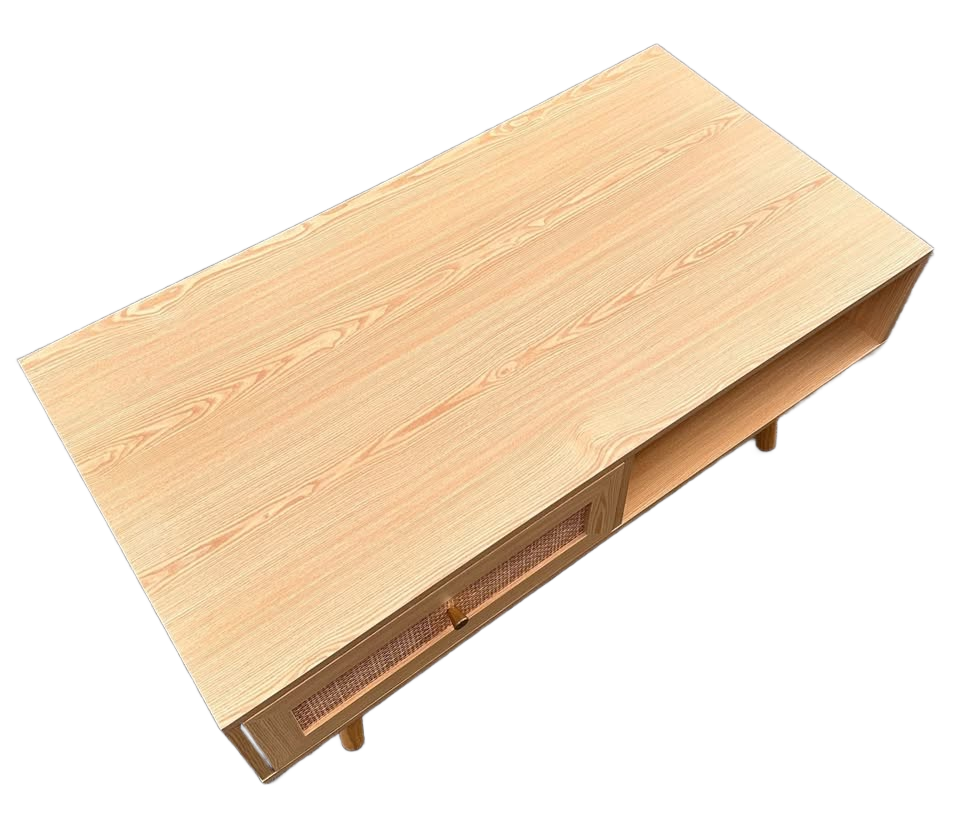 Mid-Century Modern Coffee Table – Rattan Drawer with Gold Detail