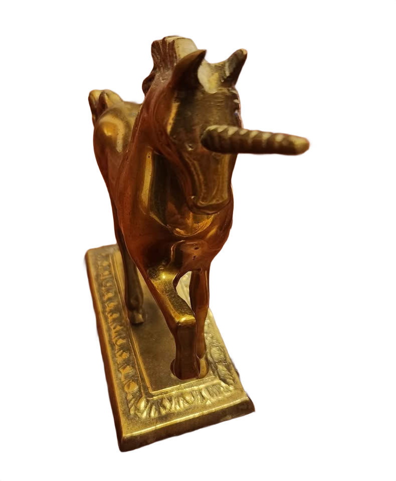 Solid brass unicorn on base. Made in Korea.