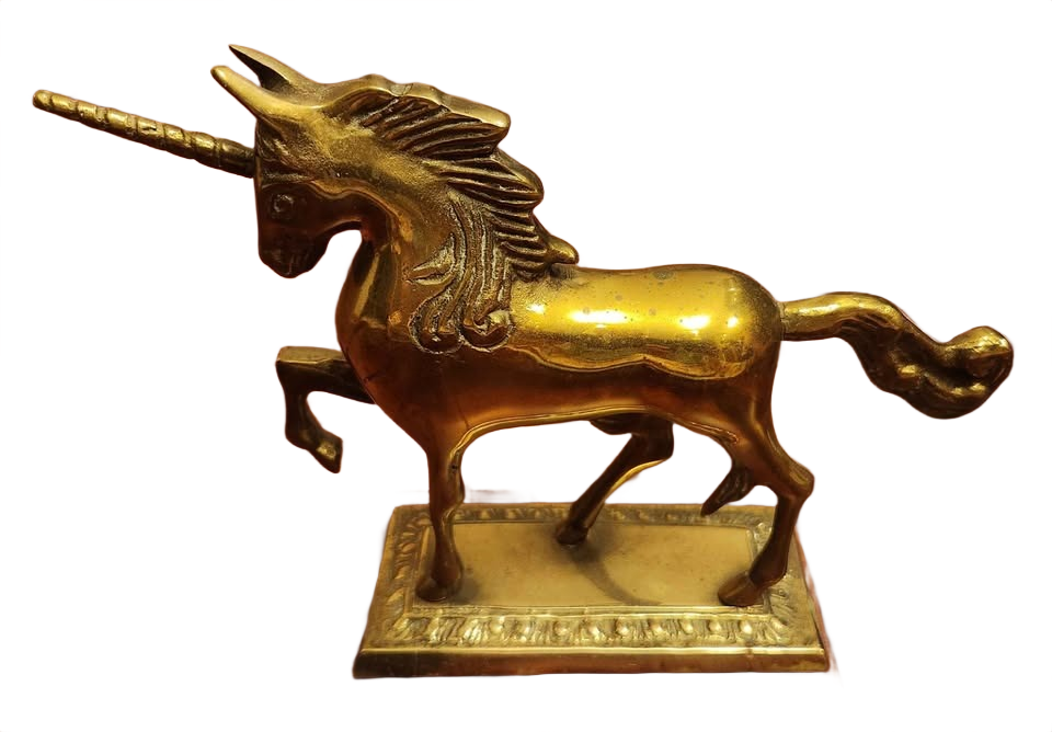 Solid brass unicorn on base. Made in Korea.