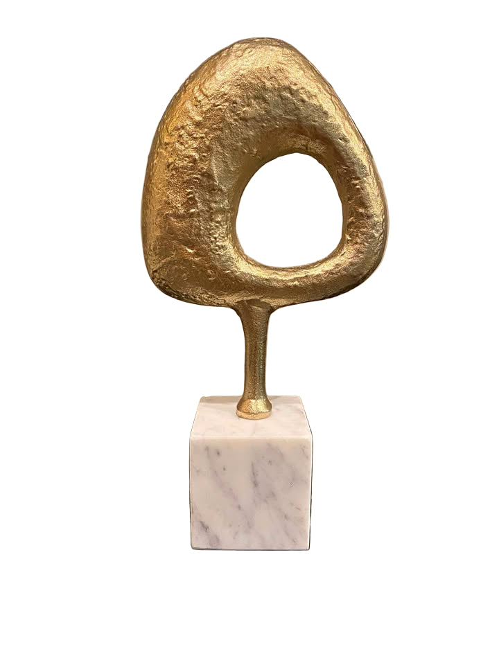 Abstract MCM vibe metal gold toned loop sculpture on block of solid white marble; 13”H x 6.5” W x 1”