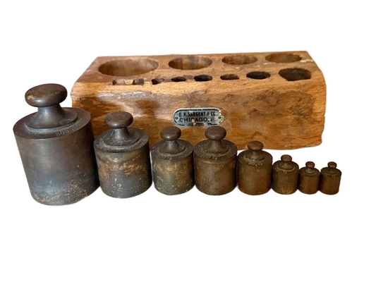 Vintage Brass Scale Weight Set with Solid Wood Holder