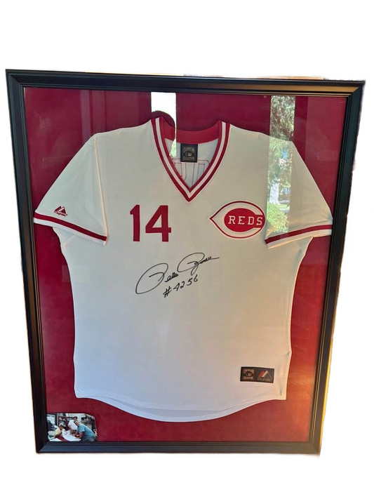 Pete Rose signed and professionally framed Cincinnati Reds jersey. Measures 36”x43”