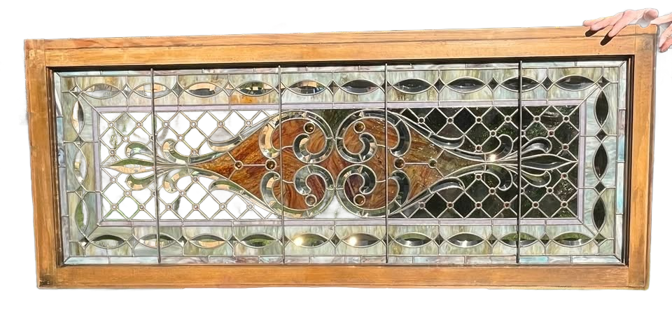 Antique stained glass transom-light window