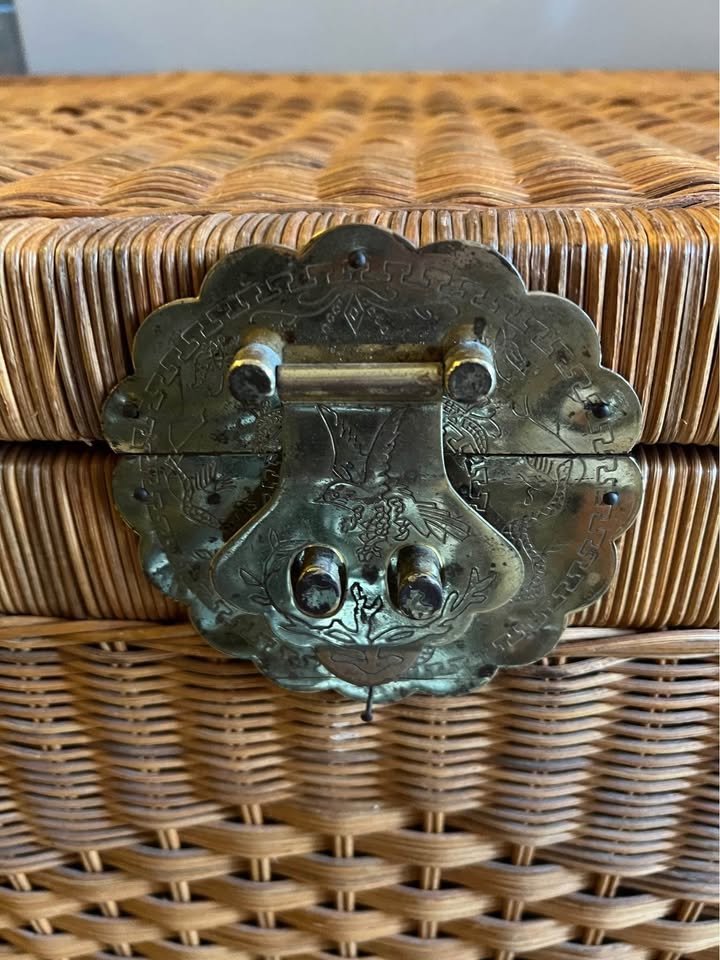Vintage Wicker Rattan Storage Trunk with Brass Hardware – Boho Coastal Style