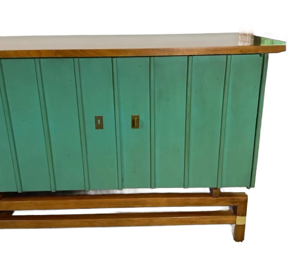 Rare MCM Walnut & Teal Credenza Sideboard c.1950 Hickory Manufacturing Co.