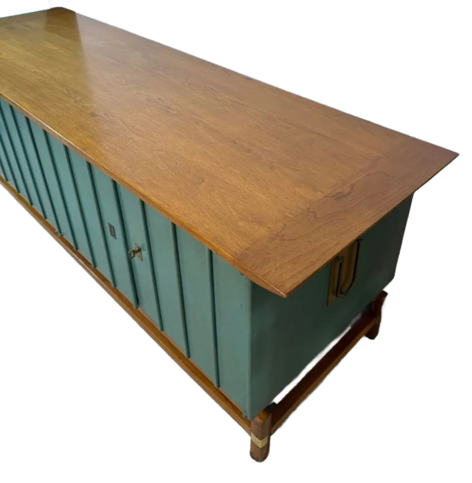 Rare MCM Walnut & Teal Credenza Sideboard c.1950 Hickory Manufacturing Co.
