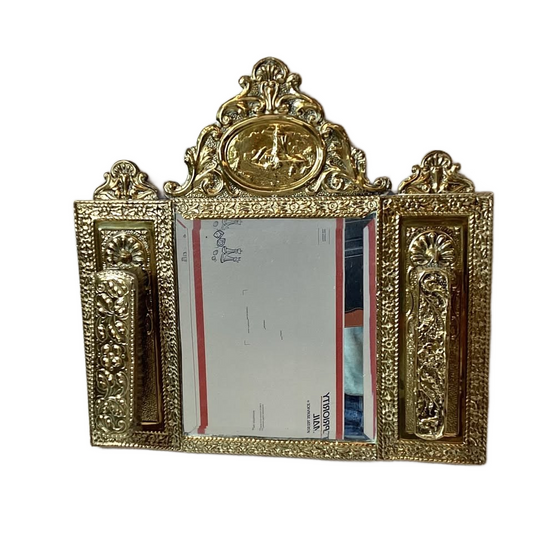 Antique Victorian Brass Relief Brush Hallway Mirror