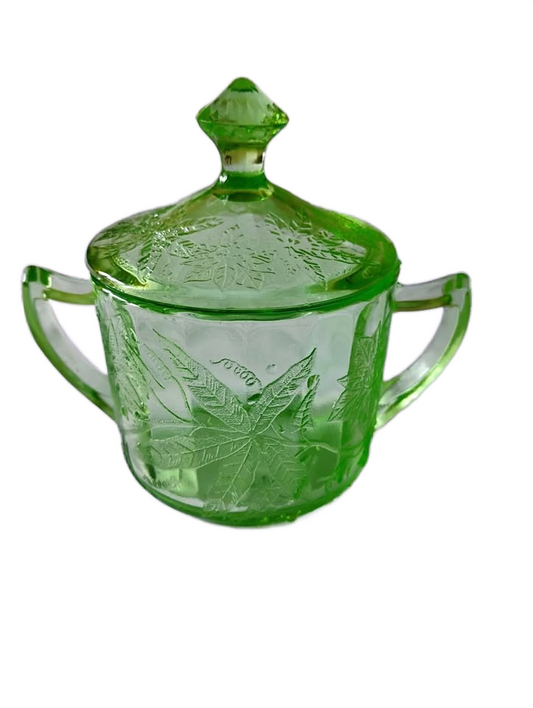 Depression Poinsettia Design Glass Sugar Bowl+Lid