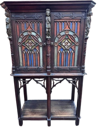 Antique Gothic Revival Cabinet | Hand Painted & Carved| 1880 English Ecclesiastical